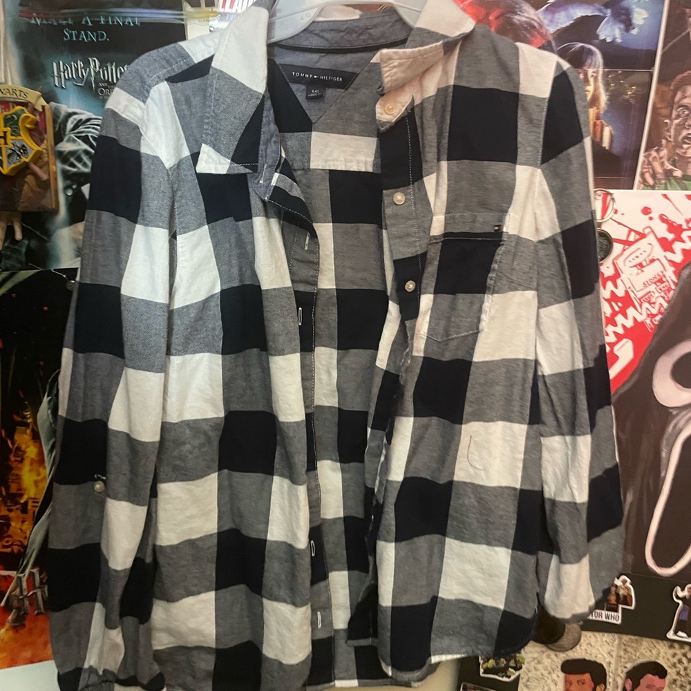 Tommy Hilfiger Black and White Checkered Button Down Shirt